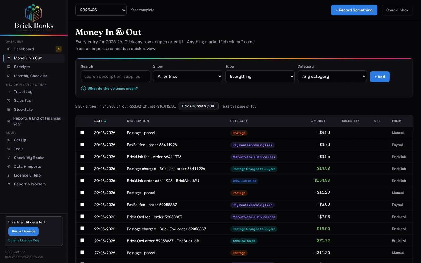 Brick Books Money In and Out screen with BrickLink orders split into sales, postage and fees