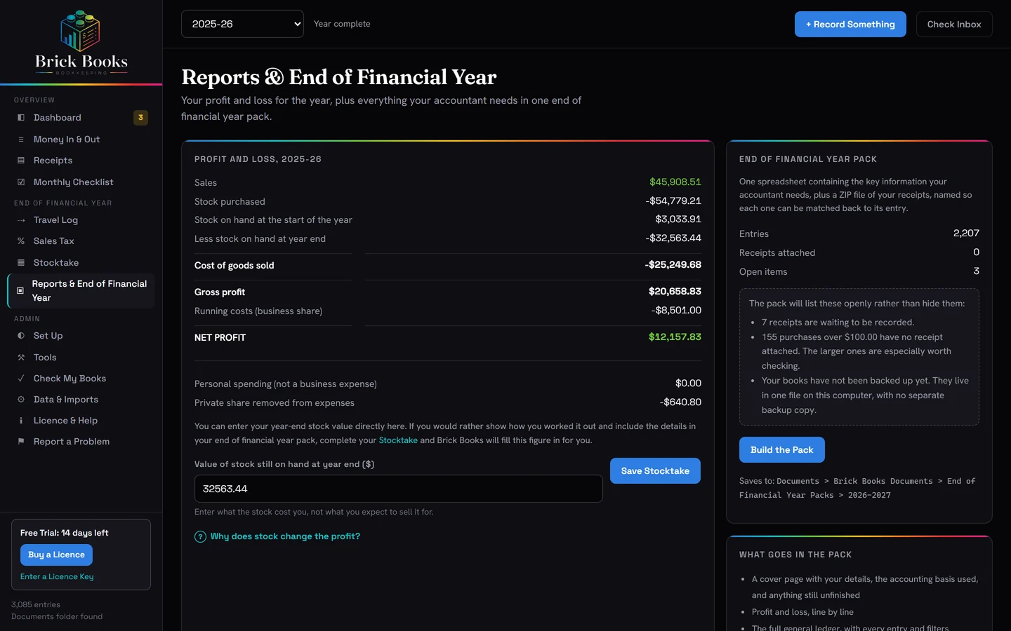 Brick Books end of financial year pack screen