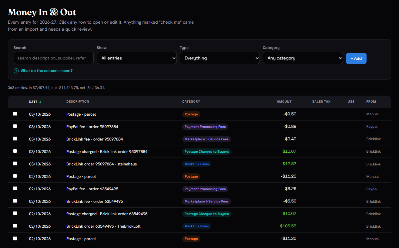 The Money In & Out screen, listing a month of orders and costs with the totals underneath.
