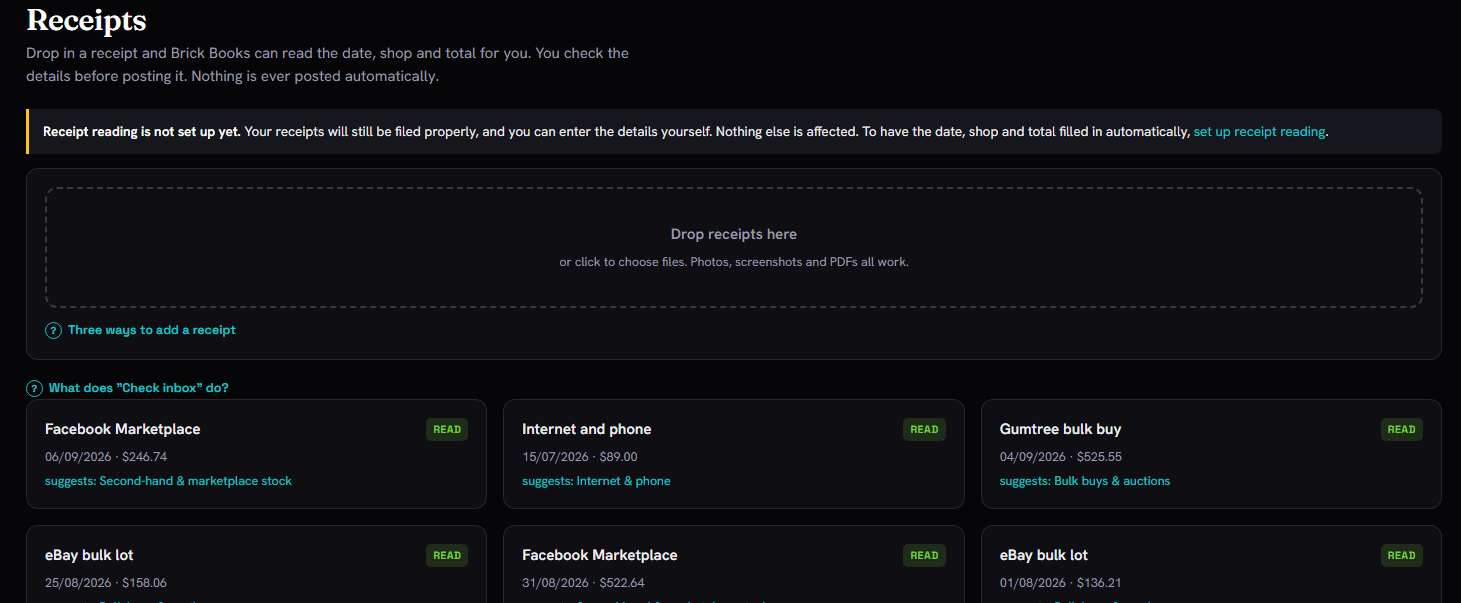 The Receipts screen, showing filed receipts matched against entries.